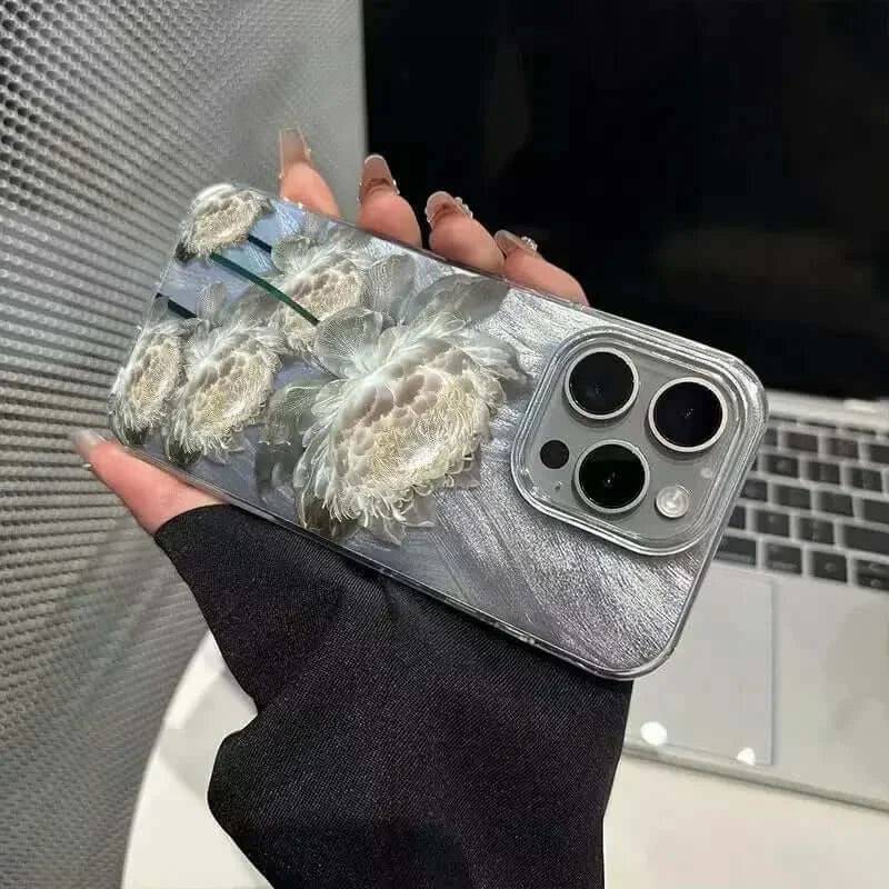 Luxury Five Lotus Pattern Phone Case For iPhone 16 15 14 13 12 11 Pro XR XS 7 8 Plus Shockproof Feather Chiffon Texture Cover﻿ Caseverse