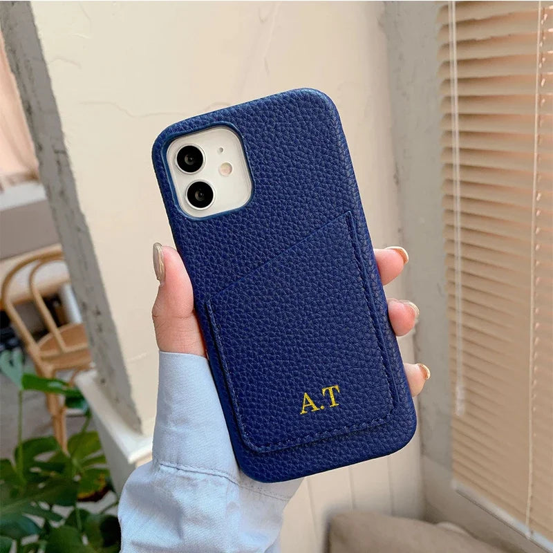 Personalized Phone Case with Card Holder Custom Initials Protective Cover iPhone16Promax 11 12 13 14 15Pro Max XS XR Mini Caseverse