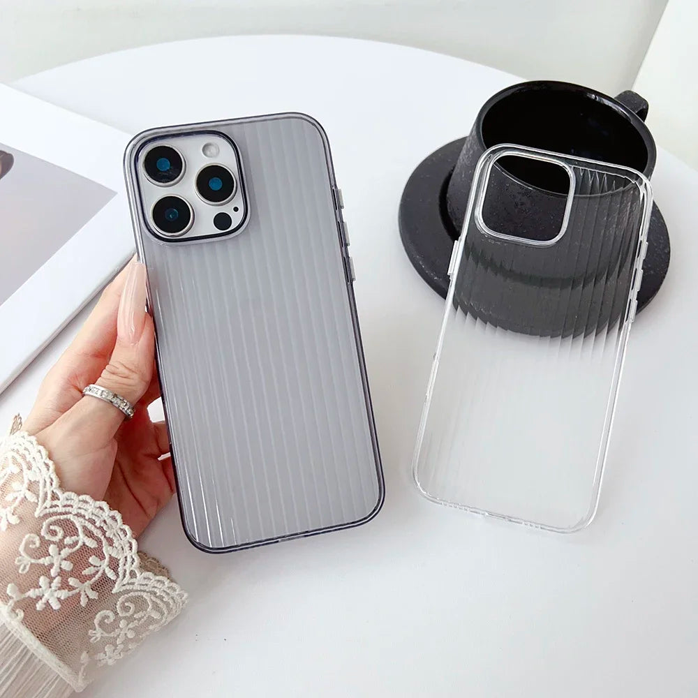 Metal Button Key Vertical Stripe Corrugated Clear Phone Case for IPhone 13 14 15 16 Pro Max Shockproof PC Protective Back Cover Caseverse