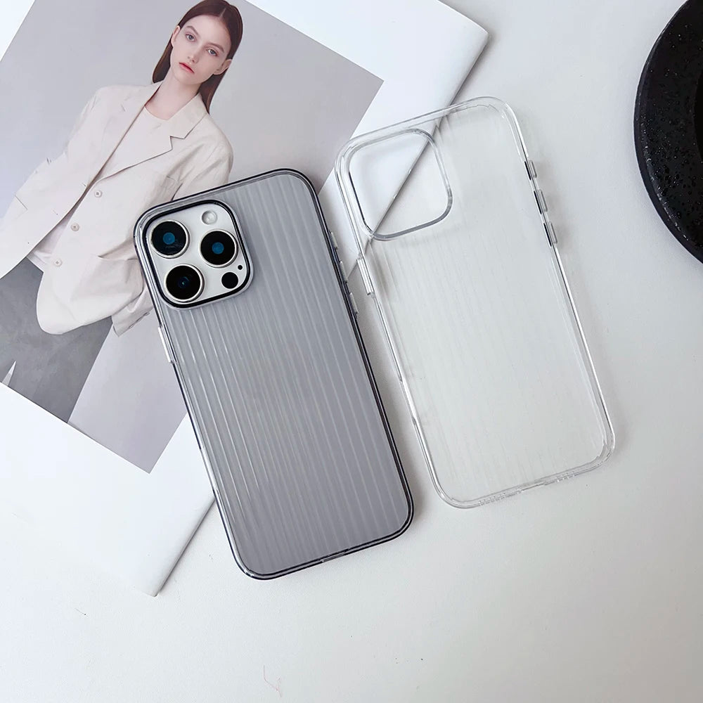Metal Button Key Vertical Stripe Corrugated Clear Phone Case for IPhone 13 14 15 16 Pro Max Shockproof PC Protective Back Cover Caseverse