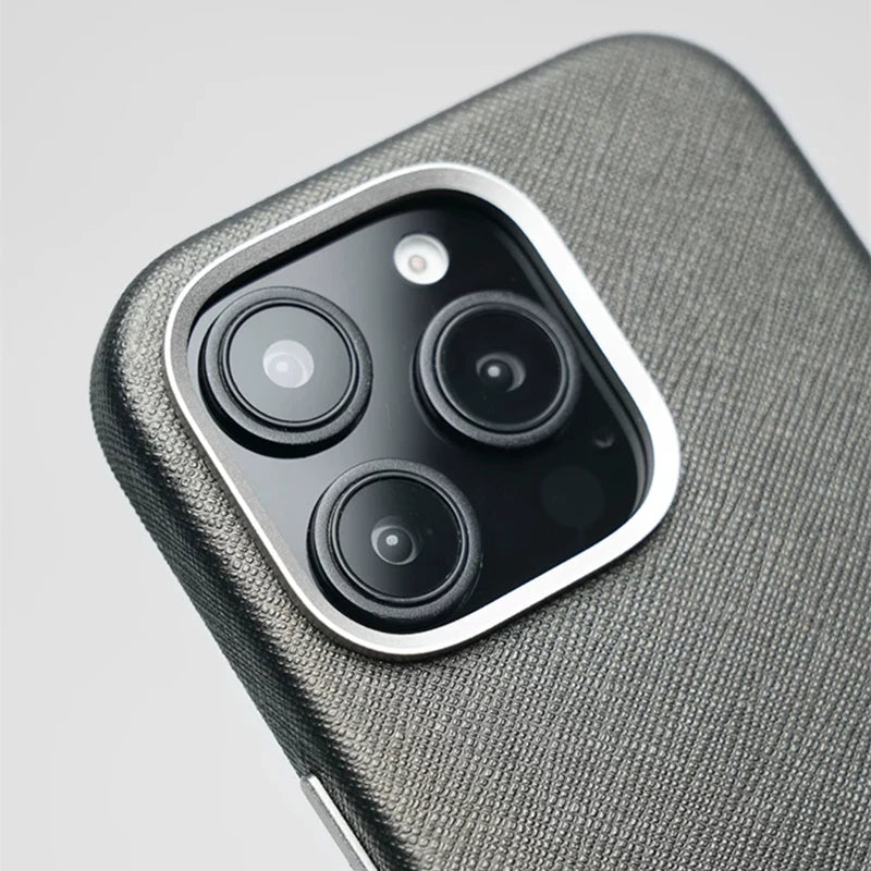 Alloy Lens Silk Texture PU Leather MagSafe Phone Case For iPhone 16 16pro max 15 Pro 14 13 Wireless Charging Hard Armor Cover - Caseverse