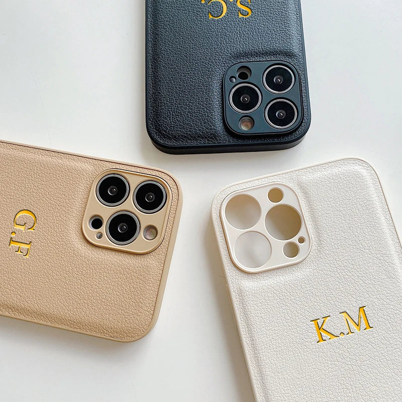 Customized Phone Case For iPhone 16 15 14 13 12 11 Pro Max Plus Personalized Name Initials Letters Luxury Leather DIY Cover 16 Caseverse